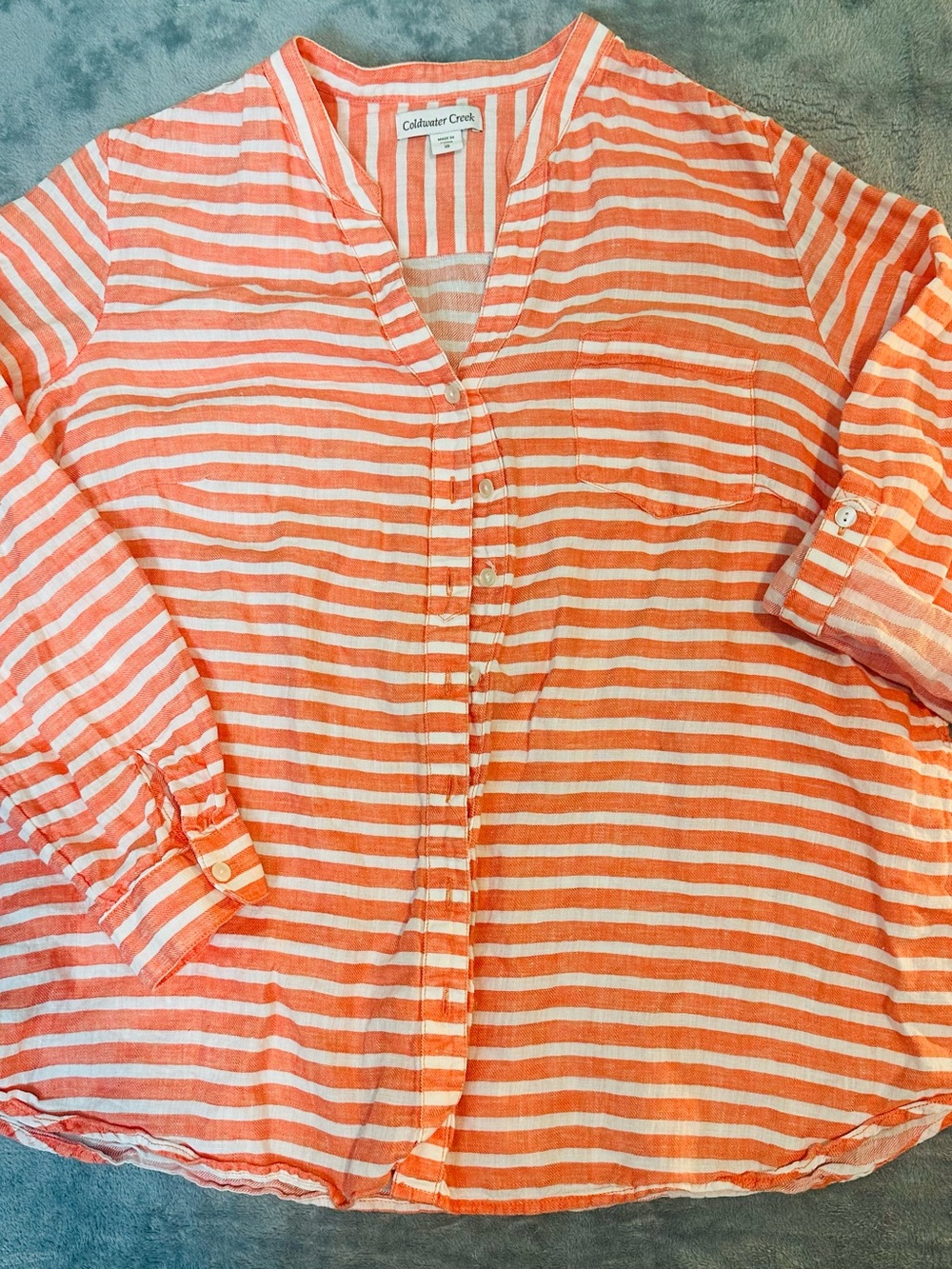 Coldwater Creek Orange White Striped Linen Button Down Shirt Blouse Roll Tab L